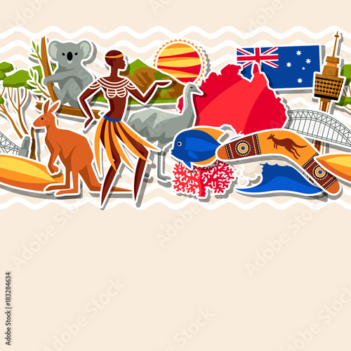 Australia seamless pattern. Australian traditional sticker symbols and objects