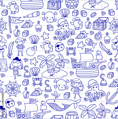 Children playing pirates Boys and girls Kindergarten, school, preschool, halloween party Treasure island, pirate ship, crab, parrot Adventure and travel and fun Birthday invitation