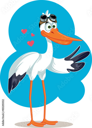 Cartoon Stork with Aviator Glasses Baby Announcement Vector Card