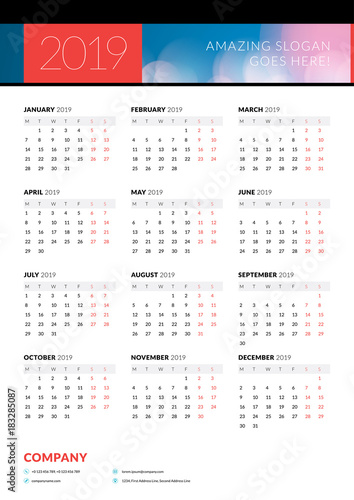 Calendar poster for 2019 year. Portrait oriantation. Vector design print template with abstract background or place for photo. Week starts on Monday