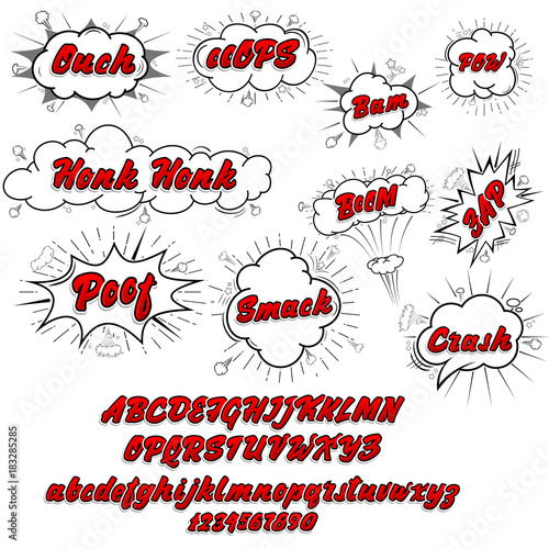 Comic collection and font 3d, colored sound chat text effects pop art vector style. 3d font.
