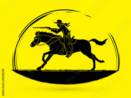 Cowboy riding horse,aiming rifle gun  graphic vector
