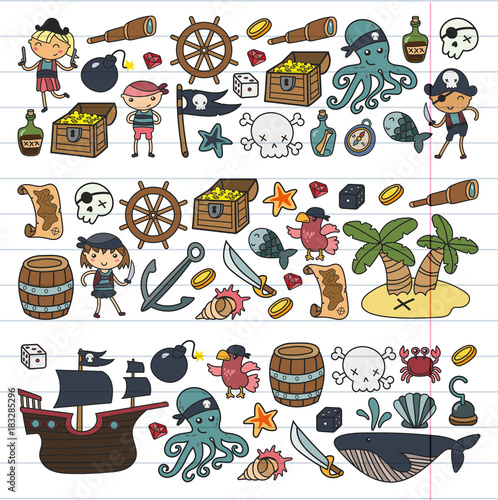 Children playing pirates Boys and girls Kindergarten, school, preschool, halloween party Treasure island, pirate ship, crab, parrot Adventure and travel and fun Birthday invitation