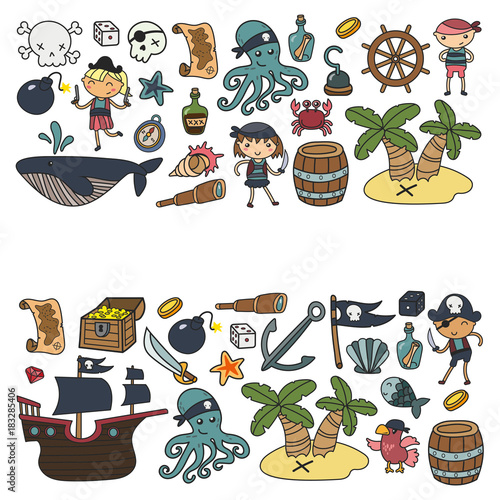 Children playing pirates Boys and girls Kindergarten, school, preschool, halloween party Treasure island, pirate ship, crab, parrot Adventure and travel and fun Birthday invitation