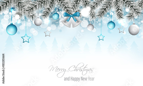 Winter landscape vector banner with silver bells, branches, christmas ball, stars, snowfall, snowflakes and snowy forest. Merry Christmas and Happy New Year wishes.