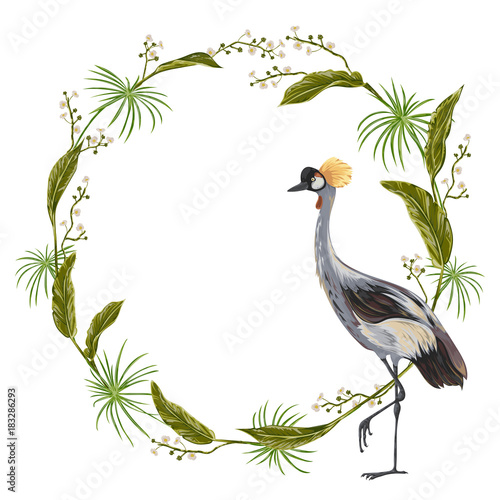 Wreath with crane bird and wild plants. Oriental motif. Vintage hand drawn vector illustration in watercolor style