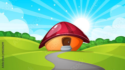 cartoon landscape with mushroom house. Sun, cloud, road - illustration.