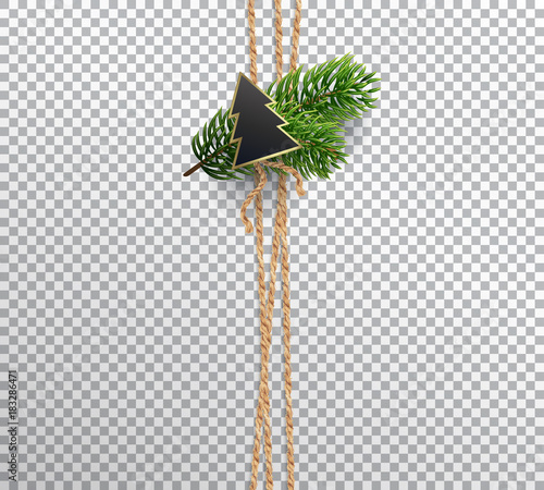 Vertical linen rope for Christmas decorations, cards, packaging, background. Decoration or bouquet of composition of Christmas tree branches and fir sign on top. Realistic vector. Transparent backdrop