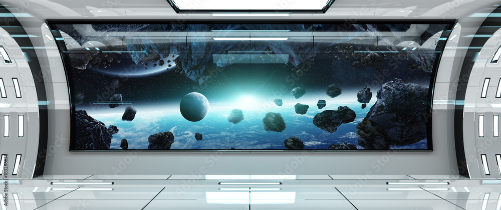Obraz premium Spaceship interior with view on Earth 3D rendering elements of this image furnished by NASA