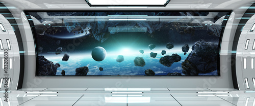 Fototapeta Naklejka Na Ścianę i Meble -  Spaceship interior with view on Earth 3D rendering elements of this image furnished by NASA