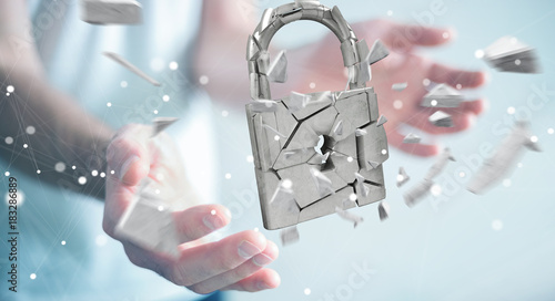 Fototapeta Naklejka Na Ścianę i Meble -  Businessman hacking in broken padlock security 3D rendering
