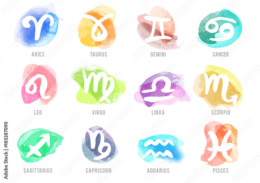 Set of hand drawn watercolor brush zodiac signs. Vector illustration ...