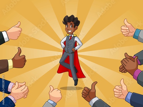 Superhero businessman in vest cartoon character design with many thumbs up and clapping hands around him, against yellow background.