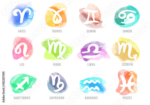 Set of hand drawn watercolor brush zodiac signs. Vector illustration created with custom brushes, not auto-tracing.