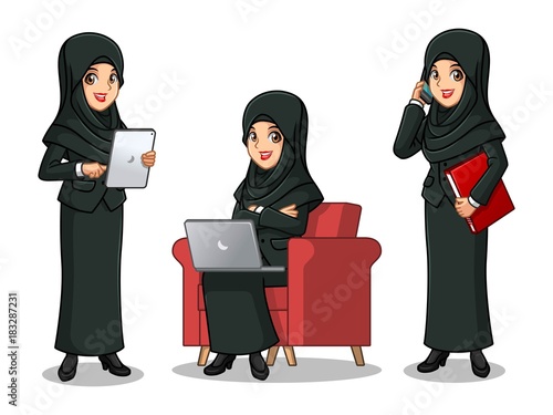 Set of businesswoman in black suit with veil cartoon character design working on gadgets, tablet, laptop computer, and mobile phone, isolated against white background.