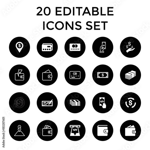 Payment icons. set of 20 editable filled and outline payment icons