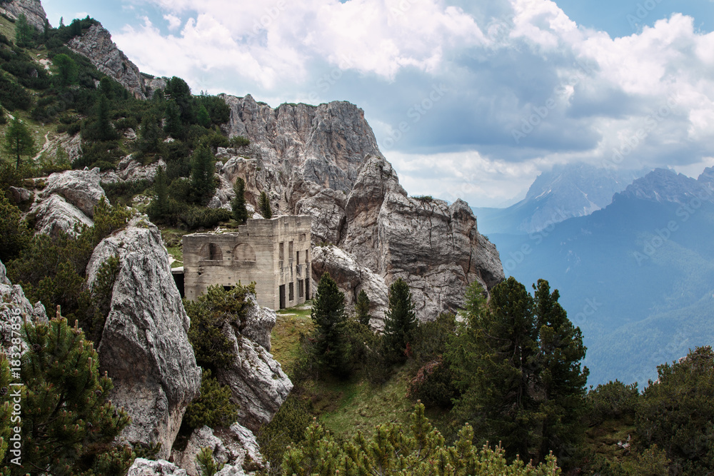 Abandoned Building Ruins in Italian Dolomites Alps Scenery