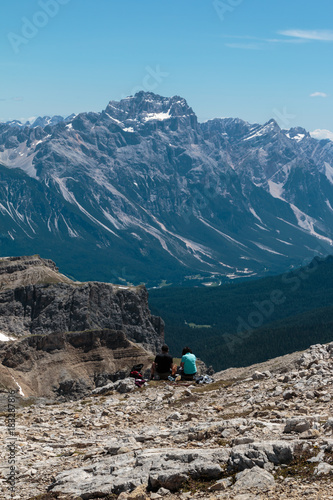 Young Couple Admire Italian Dolomites Alps Scenery