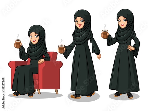 Set of Arab businesswoman in black dress cartoon character design making a break relaxing with holding drinking a coffee tea, isolated against white background.