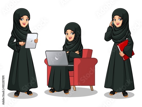 Set of Arab businesswoman in black dress cartoon character design working on gadgets, tablet, laptop computer, and mobile phone, isolated against white background.