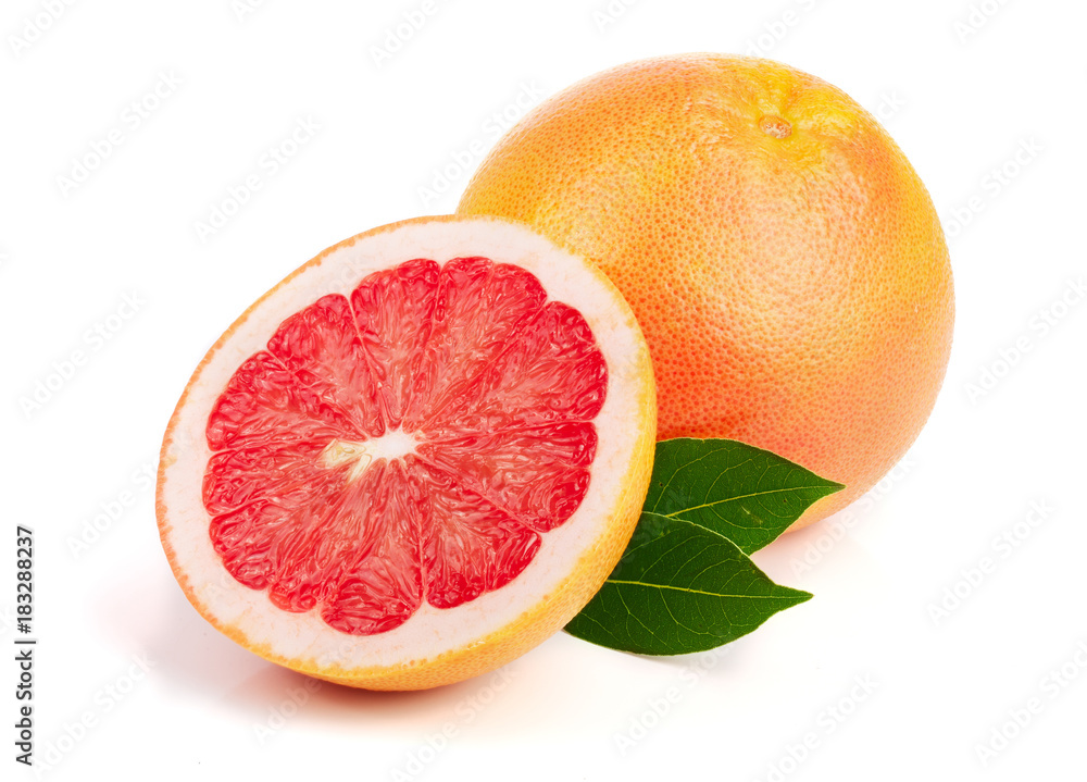 grapefruit and half with leaves isolated on white background grapefruit and half with leaves isolated on white background