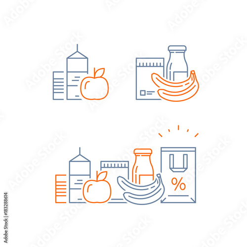 Food choice abundance, grocery food and drink, pile of products, consumption concept, retail store loyalty program, shopping bag