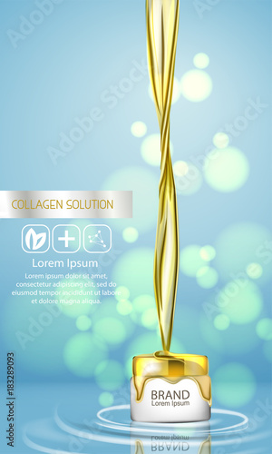 Closeup Collagen Emulsion in Water. Vector Illustration. Gold Serum Droplets. Concept for Cosmetics, Beauty and Spa Brochure or Flyer. 3d splash of liquid oil. Splashing argan oil