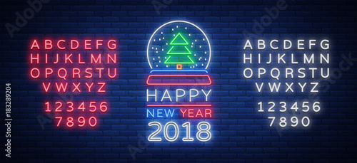 Happy new year 2018 is a neon sign. Neon symbol for your New Year's projects, greetings cards, flyers, banners. Bright festive signboard, luminous advertising. Vector illustration. Editing neon sign