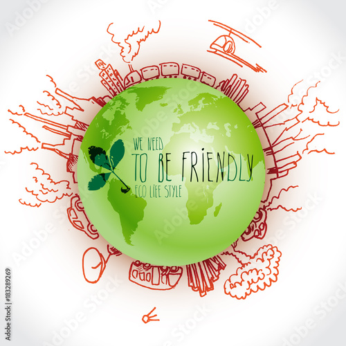 Green planet with danger ecology doodles. Sketched eco elements with earth and