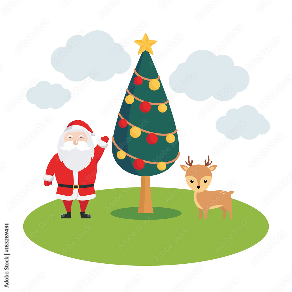 Fototapeta premium Christmas illustration vector with santa claus, christmas tree and reindeer
