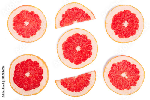 Grapefruit slices isolated on white background. Top view. Flat lay pattern