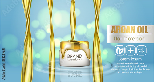 A realistic template cosmetic package. 3d splash of liquid oil. Splashing argan oil, hair protection cosmetics product pack design.