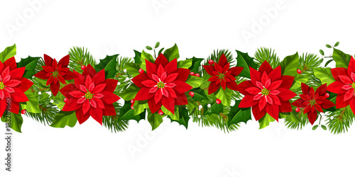 Vector Christmas horizontal seamless garland with red poinsettia flowers.
