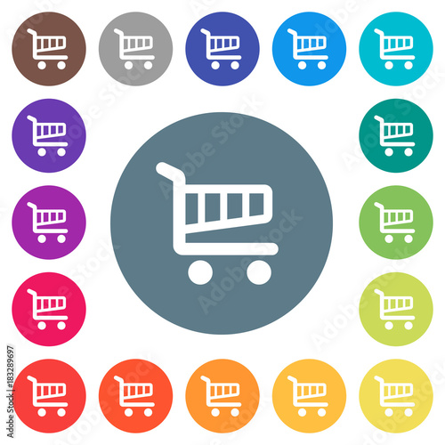 Single cart flat white icons on round color backgrounds