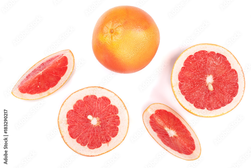 Grapefruit and slices isolated on white background. Top view. Flat lay pattern Grapefruit and slices isolated on white background. Top view. Flat lay pattern