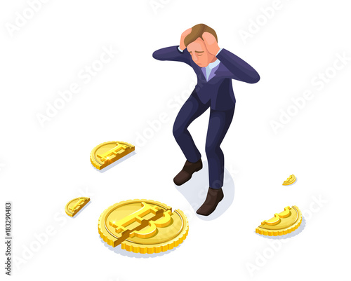 Businessman with fallen bitcoin, 3d isometric vector illustration with man and cryptocurrency symbol, financial crisis concept, money fail