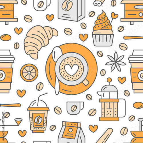 Seamless pattern of coffee, vector background. Cute beverages, hot drinks flat line icons - coffeemaker machine, beans, cup, grinder. Repeated texture for cafe menu, shop wrapping paper.