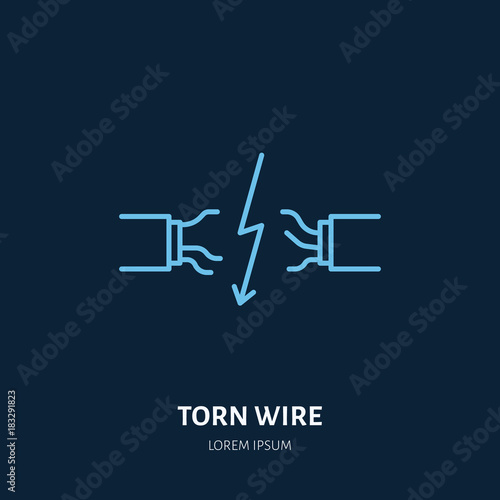 Torn wire flat line icon. Vector sign of electrical service, electricity danger.
