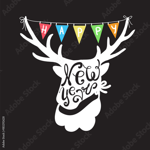 Greeting card Happy New Year. Deer head and colorful flags. Holiday Vector Illustration with Lettering Composition. Graphic design for banner, poster, card, cover, invitation, placard, brochure, flyer