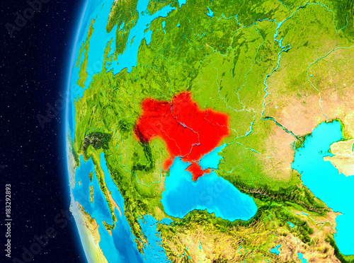 Space view of Ukraine in red