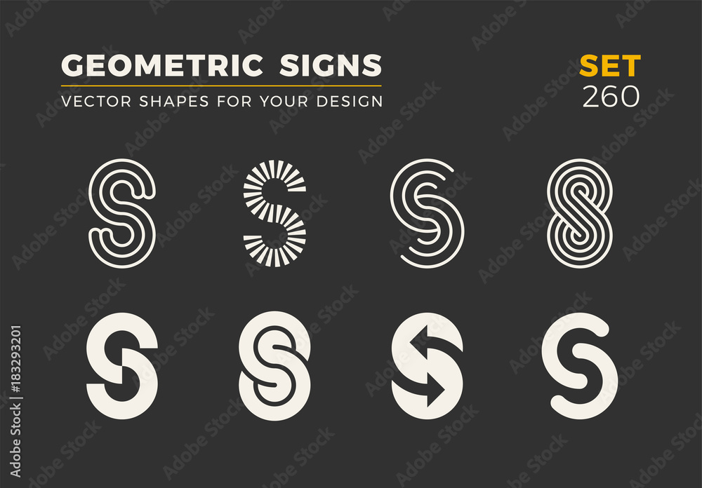 Set of eight minimalistic trendy shapes. Stylish vector logo emblems for Your design. Simple geometric signs collection.