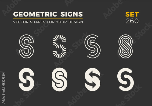 Set of eight minimalistic trendy shapes. Stylish vector logo emblems for Your design. Simple geometric signs collection.