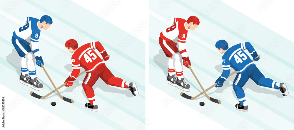 Ice hockey players in red and white blue uniform are fighting for the puck during the match. Isometric vector illustration.
