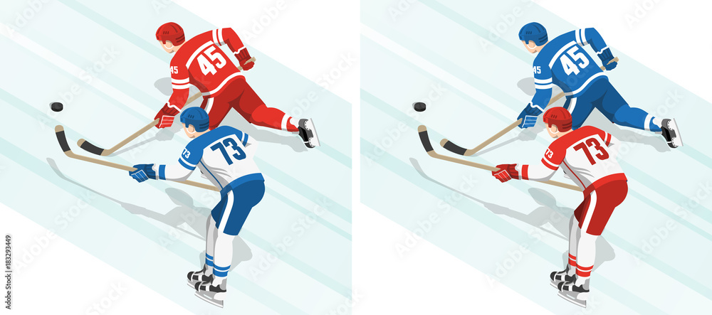 Red and blue hockey players chase the puck during the game. Isometric view from the back.