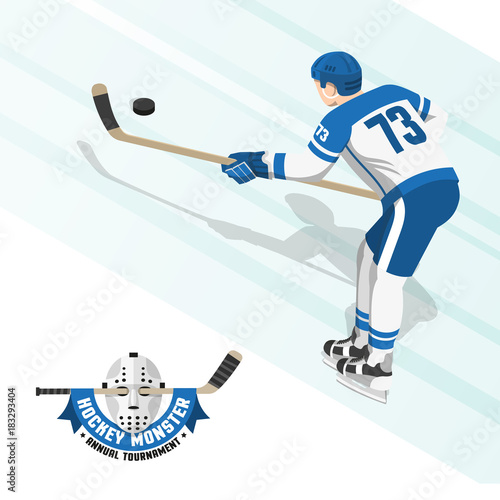 Ice hockey player in a white blue uniform, view from the back. Flat logo with a retro goalkeeper's mask and stick.