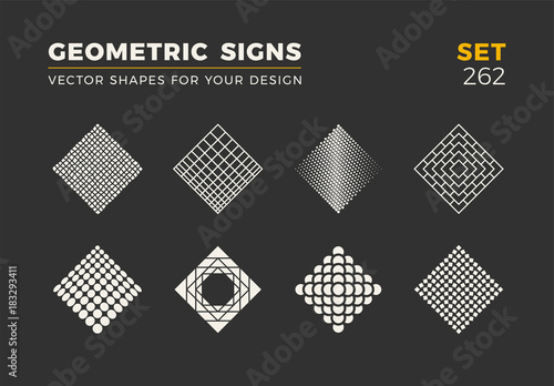 Set of eight minimalistic trendy shapes. Stylish vector logo emblems for Your design. Simple geometric signs collection.