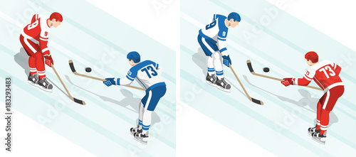 Hockey match puck battle for the players of opposing teams. Two variants of the uniform coloring. Isometric illustration.