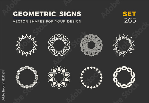 Set of eight minimalistic trendy shapes. Stylish vector logo emblems for Your design. Simple geometric signs collection.