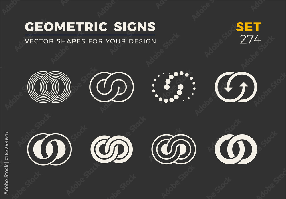 Set of eight minimalistic trendy shapes. Stylish vector logo emblems for Your design. Simple geometric signs collection.