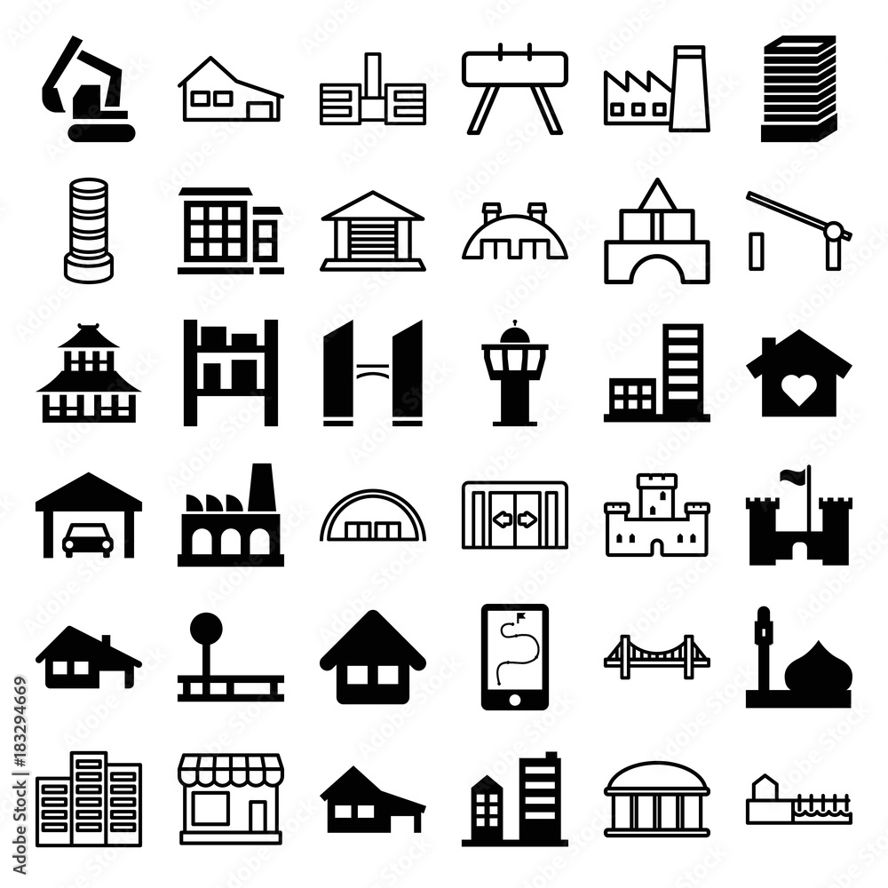 Set of 36 building filled and outline icons